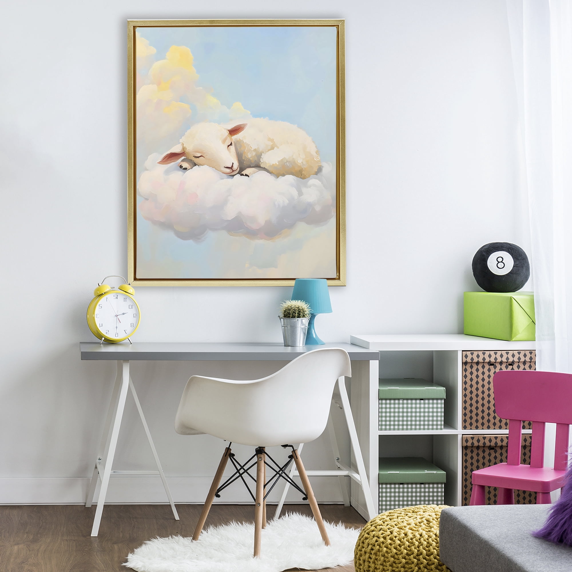 Stupell Industries Sleeping Sheep on a Cloud Gold Framed Floater Canvas Wall Art, design by The Prints Vibe