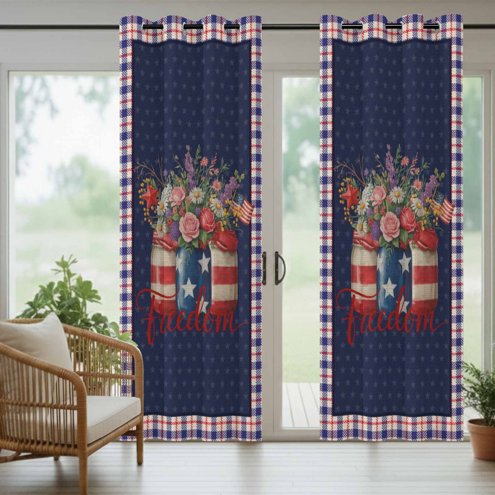 Independence Day Flower Outdoor Curtains for Patio, U.S. Flag Freedom Floral Red Blue Plaid Sunshade Privacy Drapes Grommet Waterproof Outside Curtains for Porch/Cabana/Balcony 54"x 108", 1 Panel