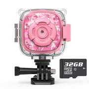 AKAMATE Kids Action Camera Waterproof Video Digital Children Cam 1080P HD Sports Camera Camcorder for Boys Girls, Build-in 3 Games, 32GB SD Card (Pink) Pink