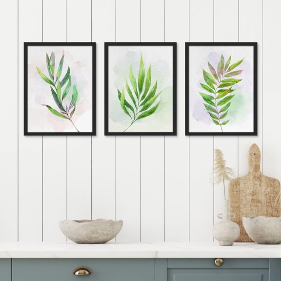 PixonSign Framed Canvas Print Wall Art Set - Green and Purple Pastel Forest Leaf Posters - Set of 3 Nature Farmhouse Decor Minimalist Pastel Botanical Wall Décor for Living Room - 8"x10" Black