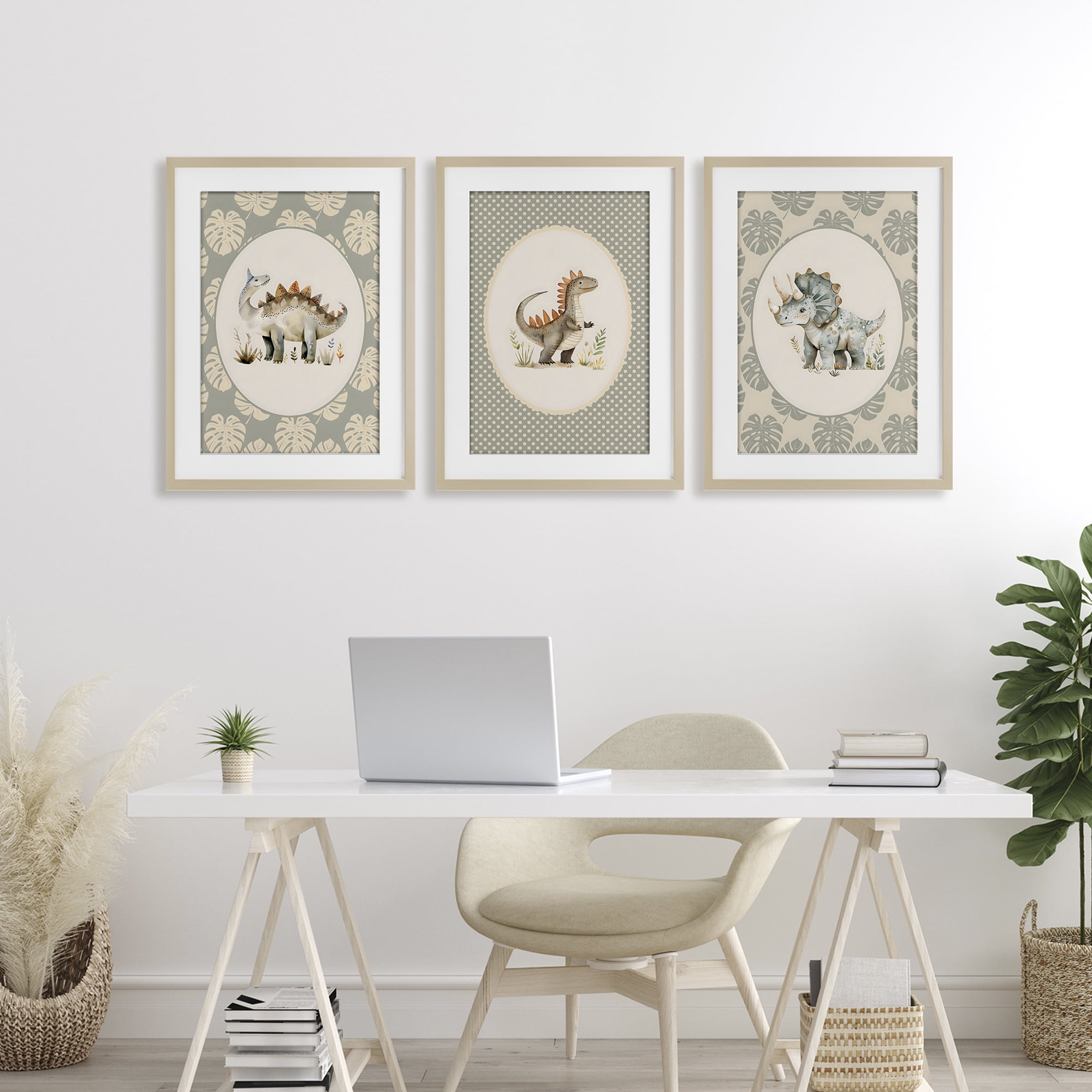 Stupell Industries Nursery Dinosaurs Tropical Border 3 Piece Birch Framed Print Under Glass Set, design by LSR Design Studio