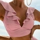 thumbnail image 3 of Bikini de 2 piezas para mujer, con volantes, cintura alta, con cordones, cuello en V, tirantes dobles, traje de baño para nadar en la playa, Rosa XL, 3 of 6