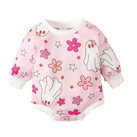 

Usaibhir Baby Boy Girl Halloween Clothes Pumpkin Spooky Sweatshirt Romper Oversized Long Sleeve Pullover Bubble Bodysuit Fall Outfit for 3-6M Pink