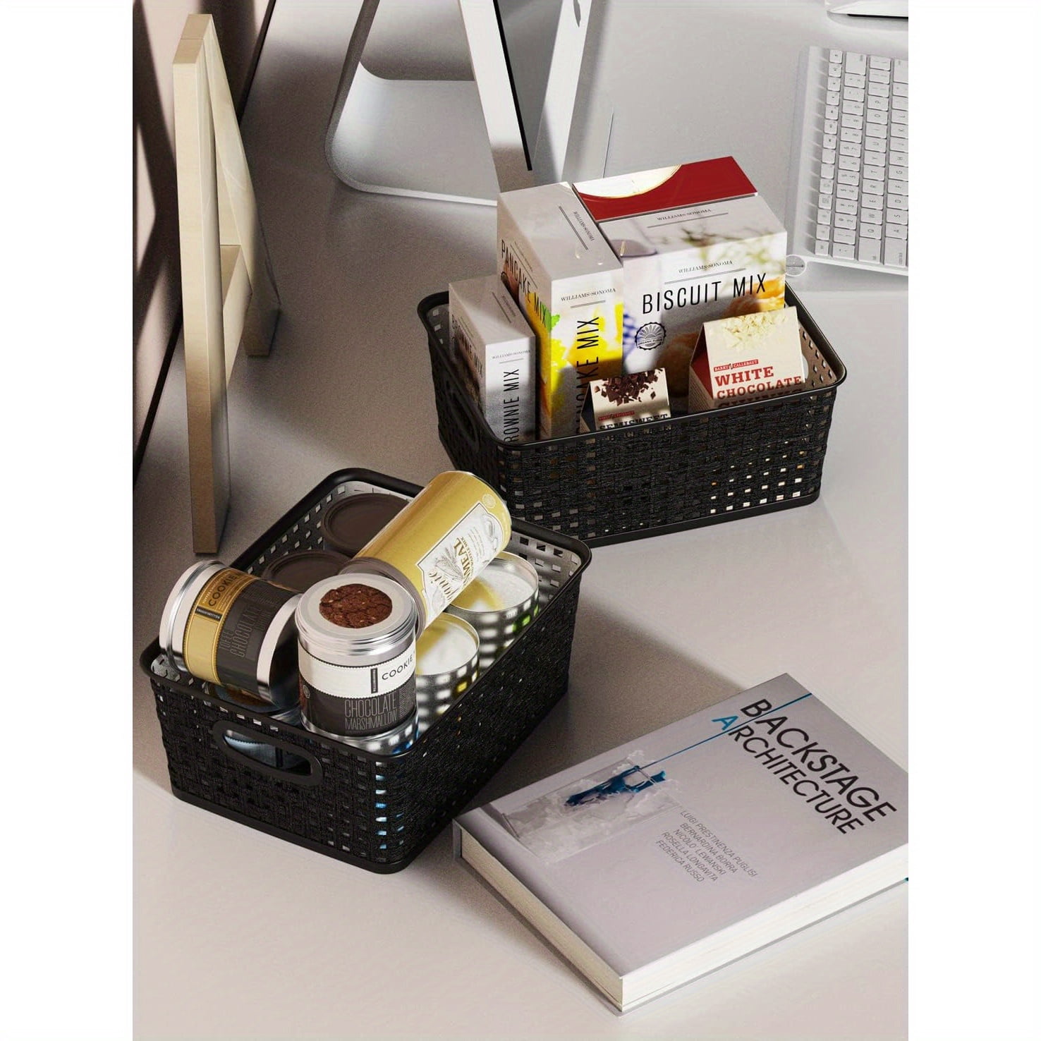 6pcs High-Quality Woven Plastic Storage Baskets – Black Weave Bins Organizer – Home, Office, Desktop, Wardrobe, Bathroom – Shelf Basket, 10.1" x 7.55" x 4.1"