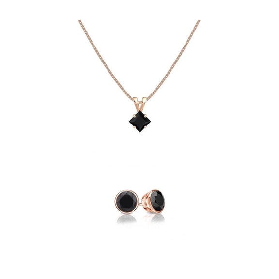 18K Rose Gold 2Ct Black Sapphire Princess 18 inch Necklace & Round Earrings Set Women Plated by Paris Jewelry