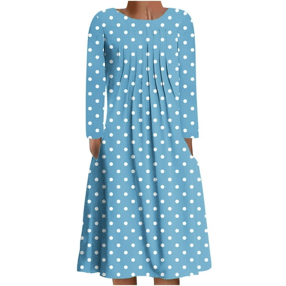 cfhntfmh Women's Casual Dresses Lounge Crewneck Long Sleeve Solid Color Dress Fall Loose Pleated Midi Dress with Pockets