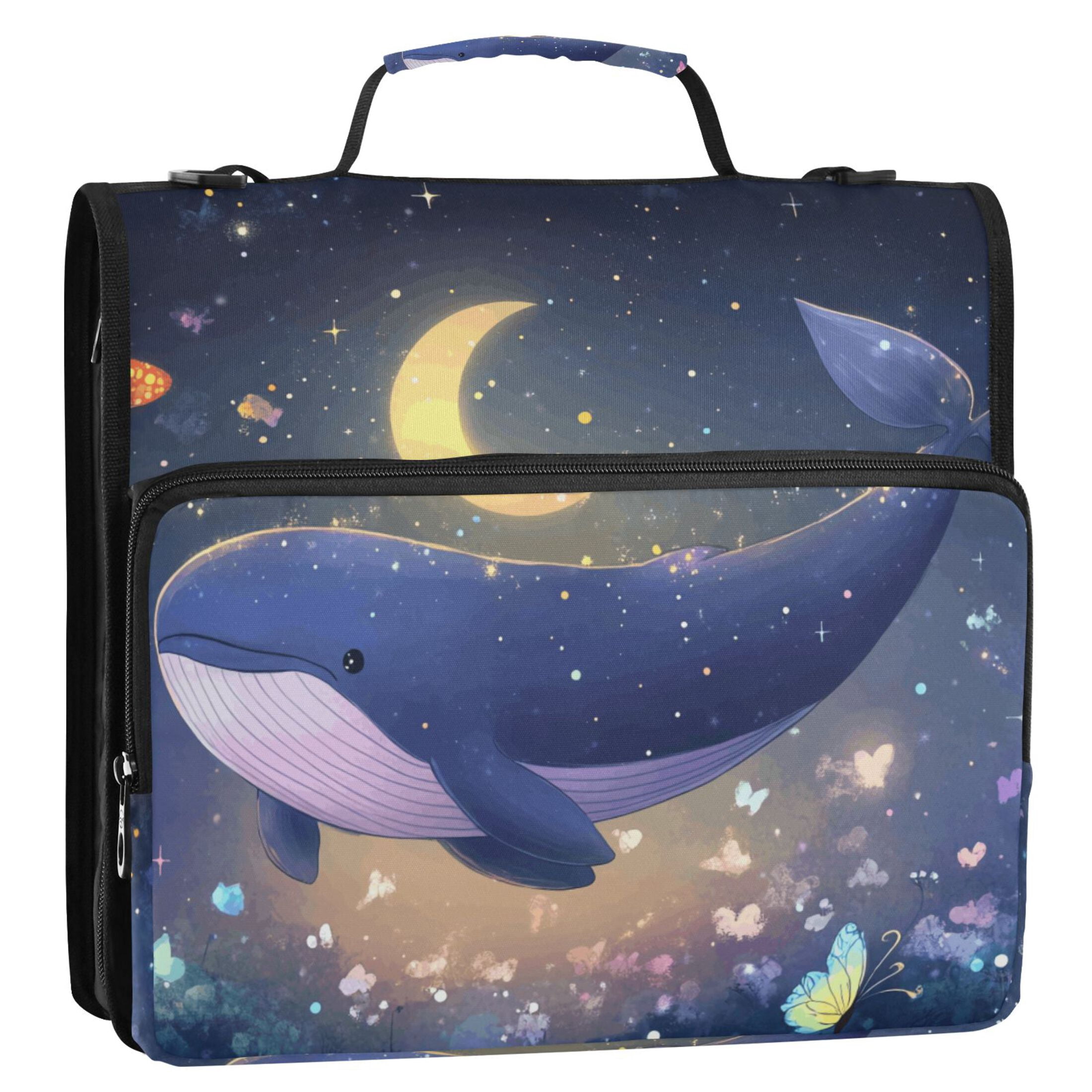 3 Ring Zipper Binder with Shoulder Strap Waterproof Trapper Keeper 2 Inch D-Ring 500 Sheets Capacity Cute Whale Floating in Nigh
