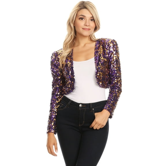 Womens Shiny Sequin Long Sleeve Glitter Cropped Blazer Bolero Shrug, Purple, X-Large