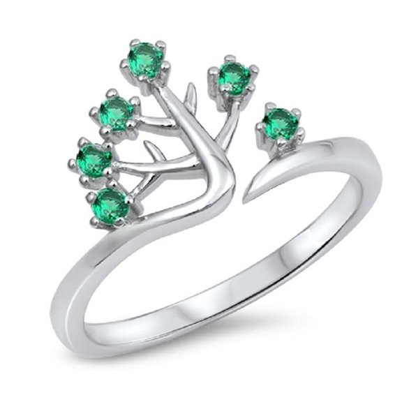 Simulated Emerald Cubic Zirconia Tree Design Ring Sterling Silver