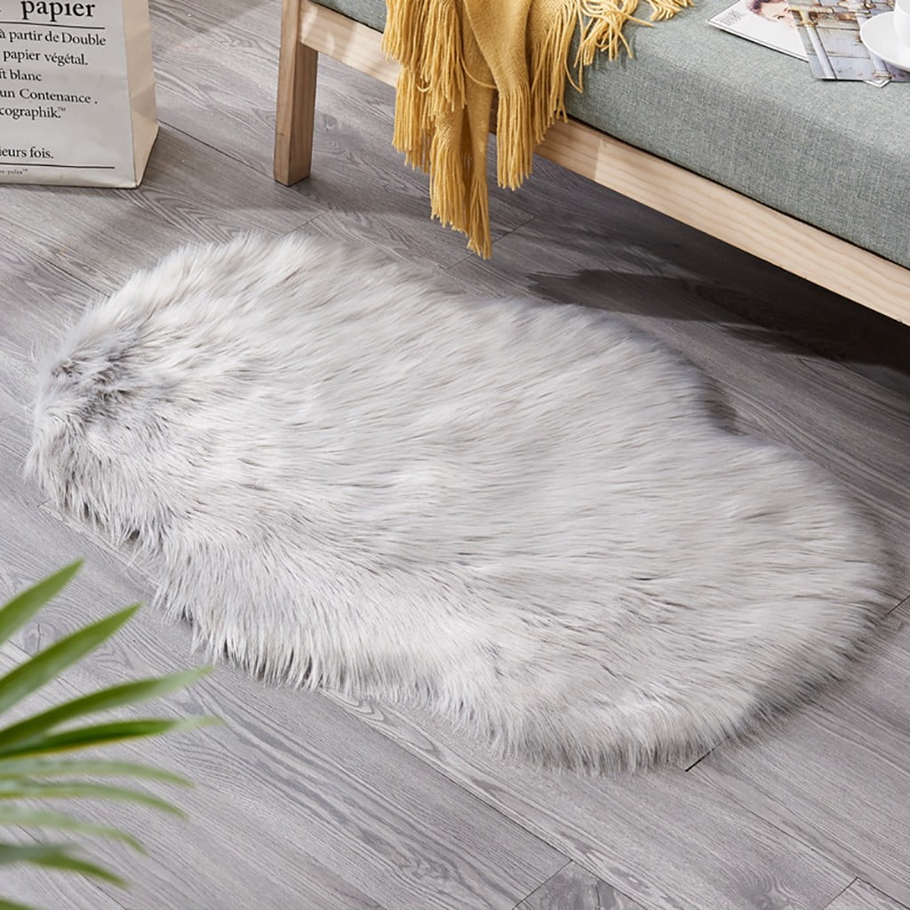 Silver Grey Fluffy Plain Bedroom Faux Fur Fake Fur Non Slip Rubber Sheepskin Rug 