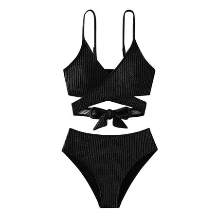 Rigardu Hot Sale!! Bikini Sets for Women High Waisted Two Piece Swimsuits 2025 Panel Stitching Padded Bikinis Women s Solid Color Hollow Lace Slim Fit Bikini Swimsuit Black M