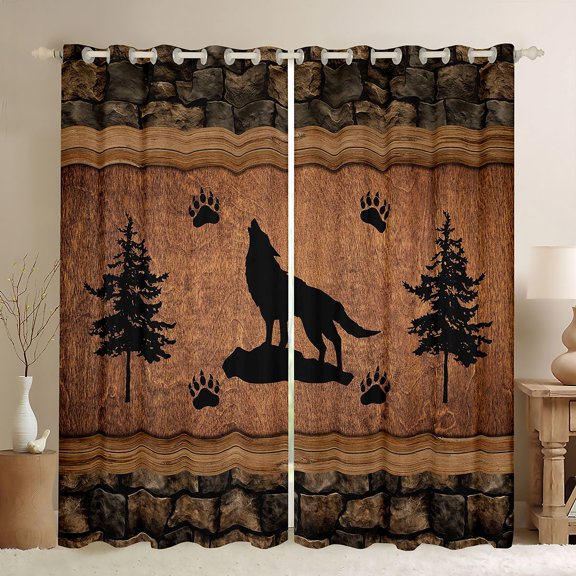 Feelyou Wildlife Wolf Blackout Curtains Set of 2 (52x84 Each), Brown Cabin Window Curtains