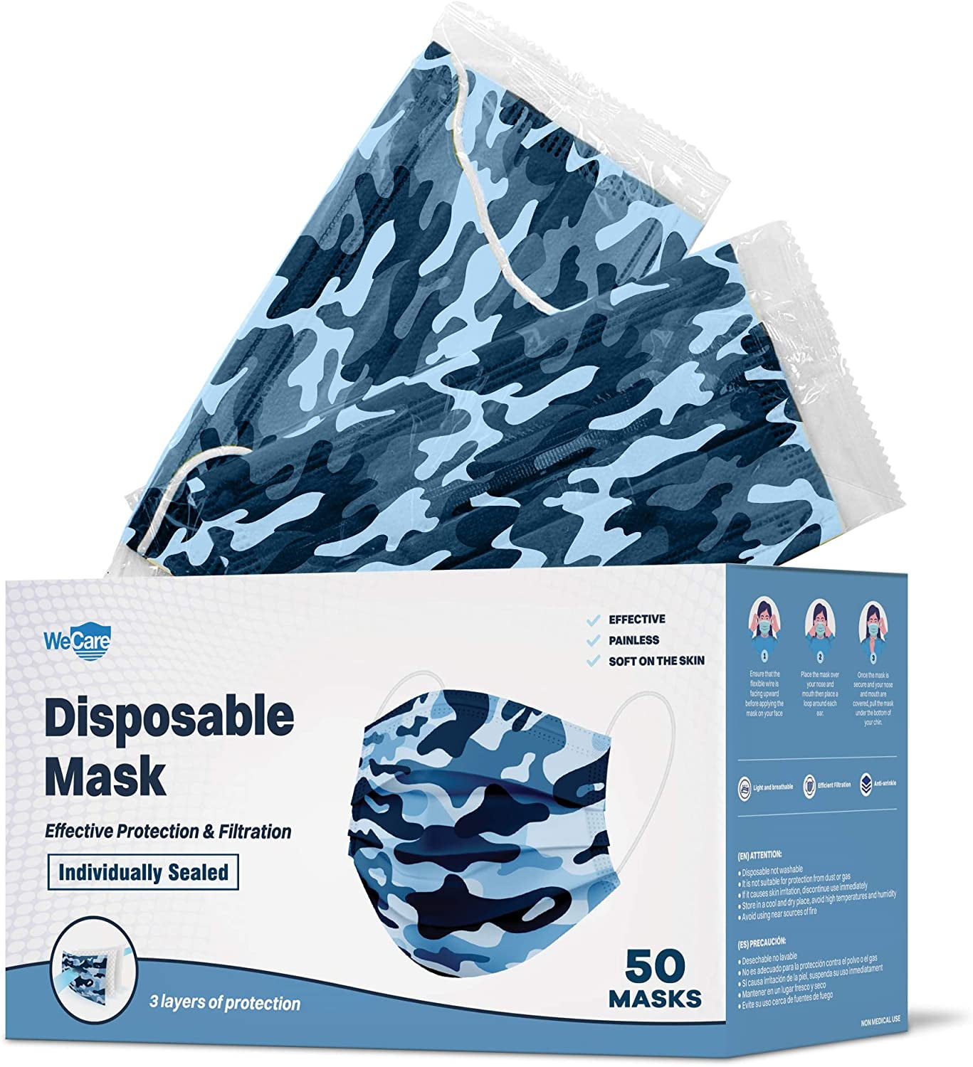 WeCare Disposable Face Mask, 3-Ply with Ear Loop (50 Individually Wrapped) - Camo Blue