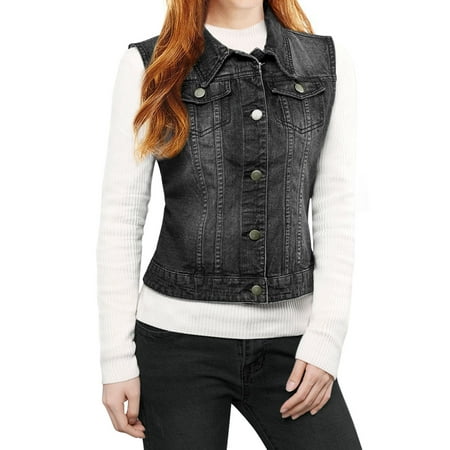 Women's Buttoned Washed w Flap Pockets Denim Vest Coat