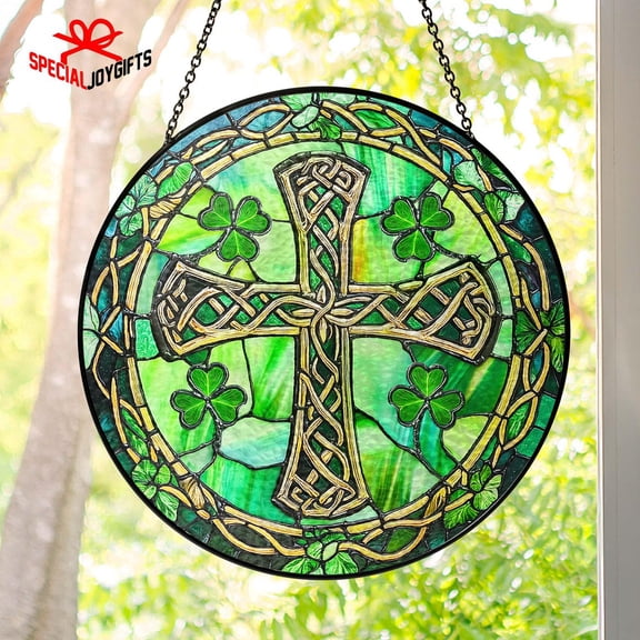 Celtic Cross Glass Suncatcher v2, St. Patrick's Day Window Hanging, Irish Faith Decor, 3.5 in