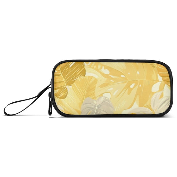 Yellow Palm Leaves Pencil Case Stationary Holder Pen Bag Pencil Pouch Tool Organizer 3 Compartments