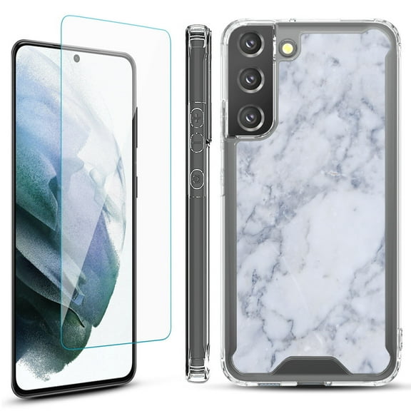 Shockproof Bumper Phone Case for Samsung Galaxy S22  / S22 Plus 5G, with Tempered Glass Screen Protector, by OneToughShield ® - Marble / Clouds