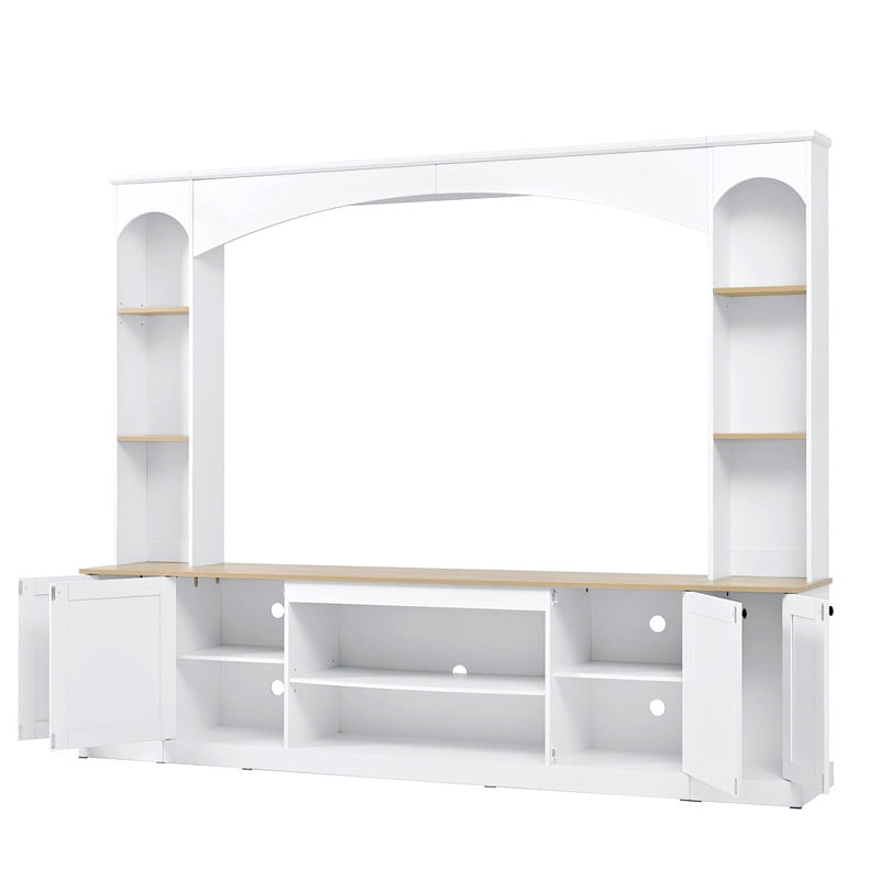 Elegant Arched Entertainment Center Wall Unit with Bookshelf for TVs Up to 70", Farmhouse TV Stand with Storage Cabinets, 91'' Media Console with Adjustable Shelves for Living Room