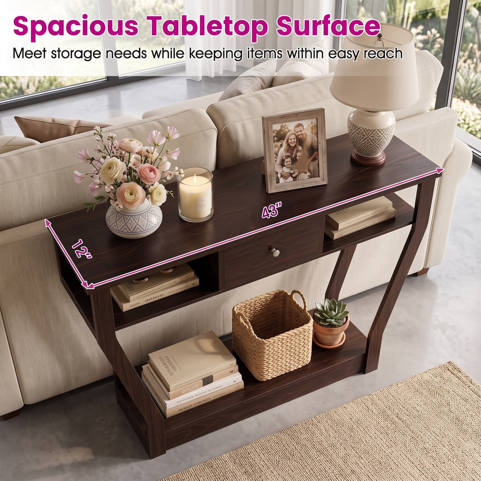 Furnibear Modern Console Accent Table with Storage Drawer and Open Shelf for the Living Room Entryway and Hallway, Brown