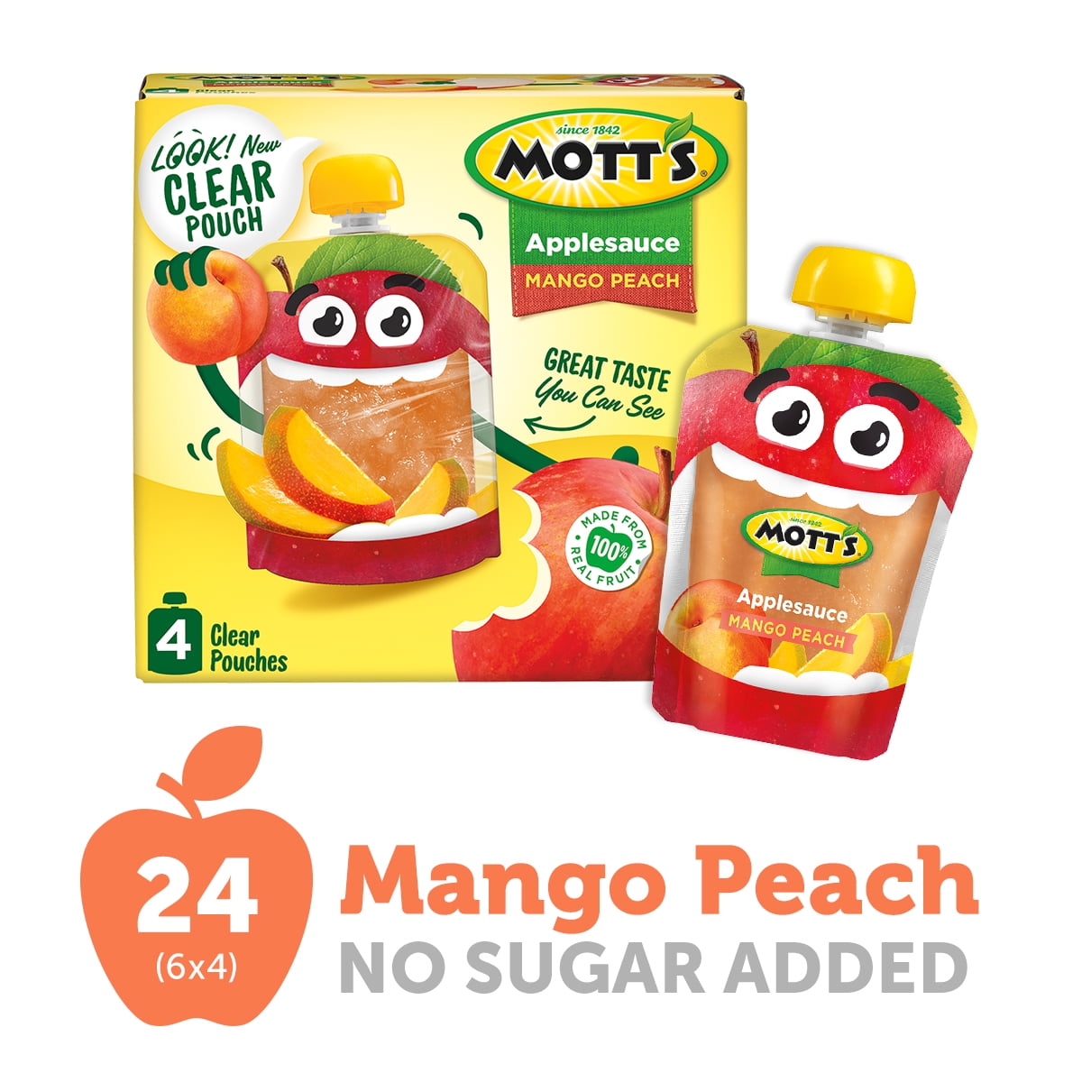 (Pack of 6) Mott's Mango Peach Applesauce, 3.2 oz clear pouches, 4