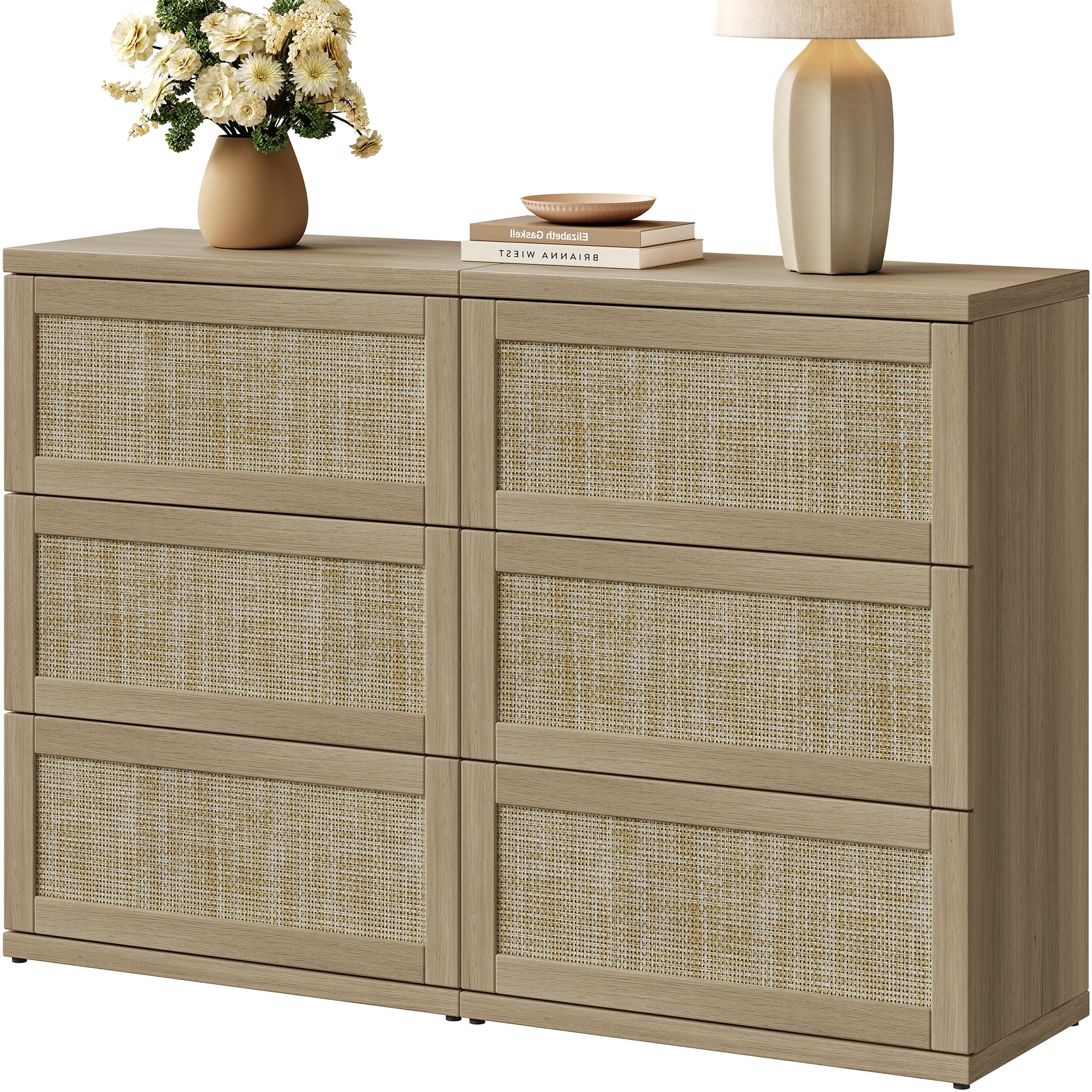 SICOTAS Small 3-Drawer Dresser Nightstand Set of 2, 50.7"W Boho 6 Drawer Dresser with Slide Rails, Rattan Chest of Drawers, Modular Storage Cabinet for Bedroom & Living Room, Natural Oak