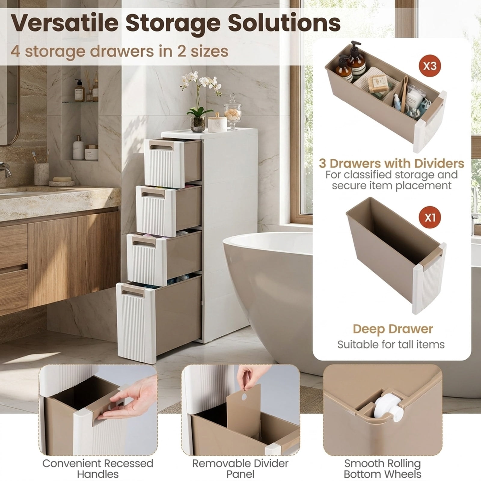 Vebreda Freestanding Bathroom Storage Cabinet, Narrow Storage Cabinet with Drawers and Removable Dividers, Multi-Layered Storage