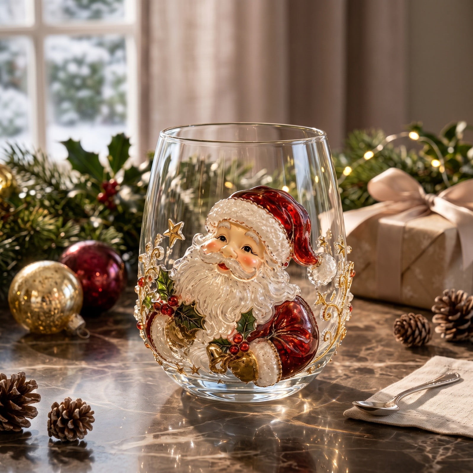 Christmas Decorations Stemless Wine Glass Embossed Santa Snowman Reindeer Tree Wreath Stocking Tumbler for Home Party Tabletop Holiday Decor