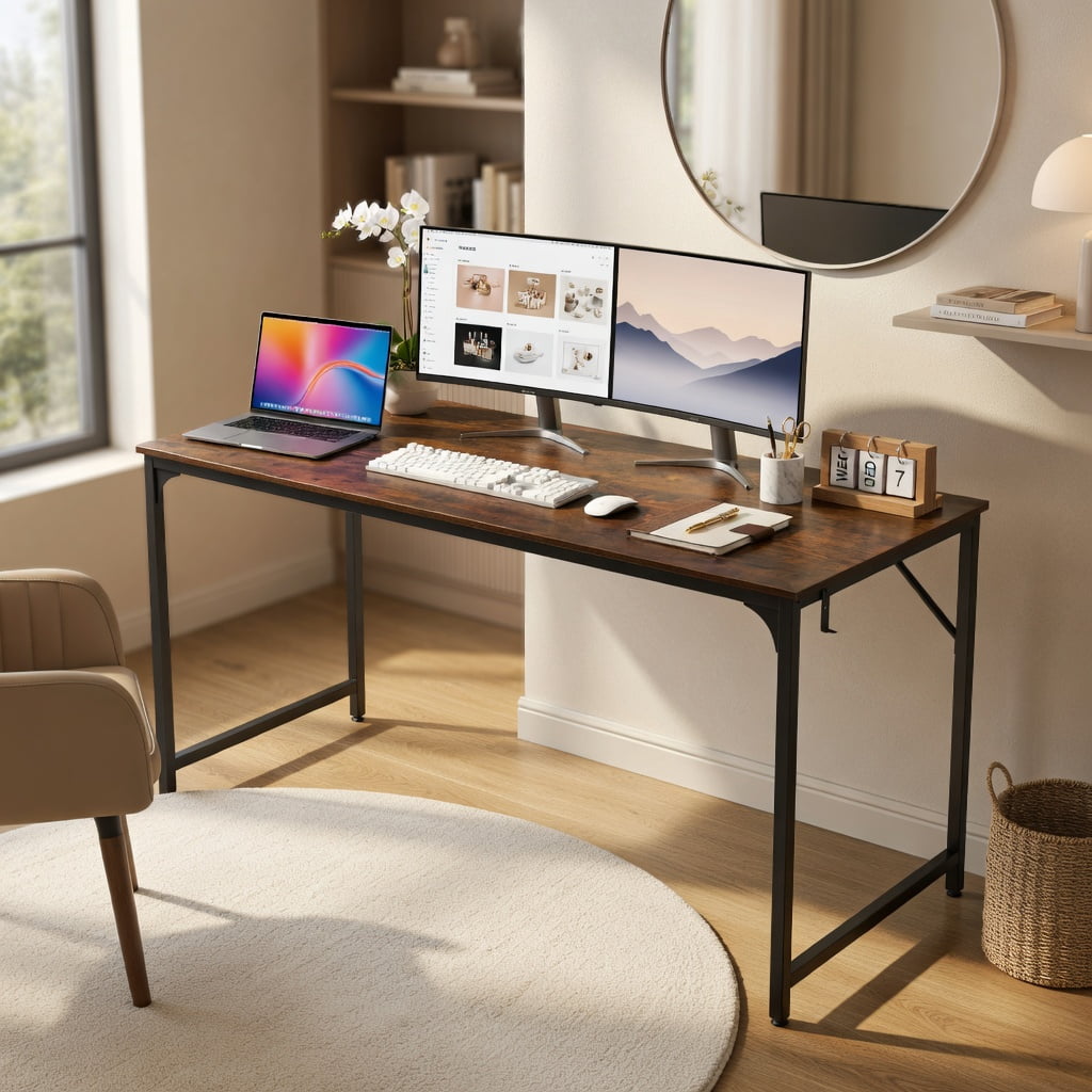 Yardi Yard 60 Inch Computer Desk with Charging Station Storage Bag-Rustic Brown, Computer Desk, Gaming Computer Desks for Study,Working,Writing