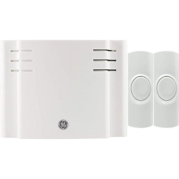 GE Wireless Doorbell Kit, Battery Operated Receiver, 2 Push Buttons Door Bell, 8 Melodies Doorbell Chime, 4 Volume Levels, Classroom Doorbell, 150 Ft Range, White, 19297