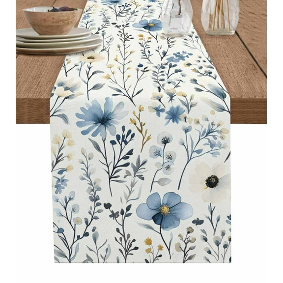 Table Runner Dresser Scarf 13 x 90 Inch Spring Watercolor Lake Blue Wildflower Leaves Vintage Table Runners Non-Slip Heat Kitchen Dining Table Decor for Indoor Outdoor Home Party Decoration