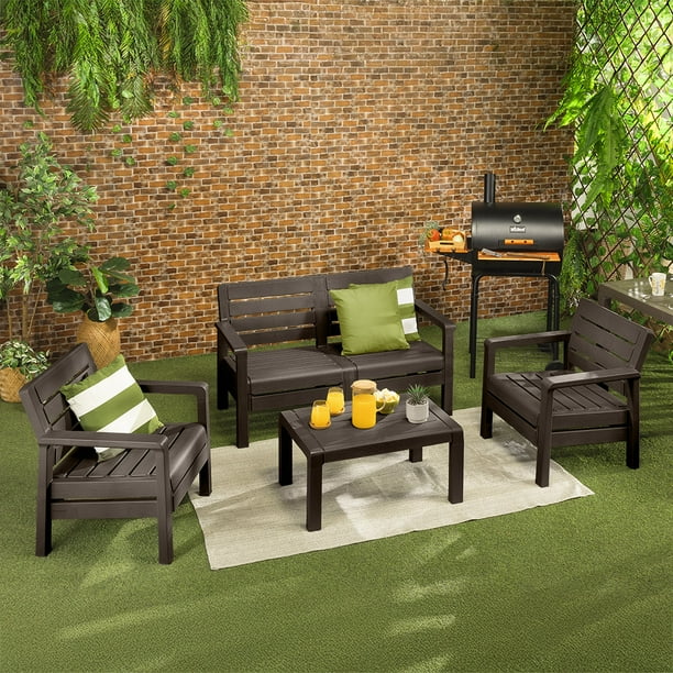 Juego de Muebles para Jardín, Set 4 Piezas, Sofá Doble, 2 Sillones y Mesa de Centro, Plástico Resistente RIMAX