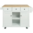 thumbnail image 6 of White Kitchen Cart with Rubber Wood Drop-Leaf Countertop, 5 Rolling Wheels, Internal Cabinet Door Storage Racks, Cabinet & 3 Drawers, for Kitchen & Dining Room, 6 of 17