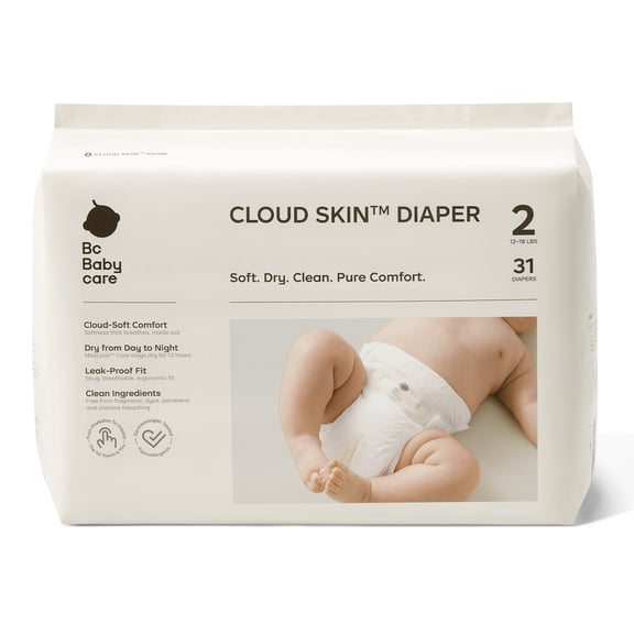 Bc Babycare Cloud Skin Disposable Baby Diapers, Ultra Soft, Hypoallergenic, 12-Hour Leak Protection and Dry, Size 2(12-18 lbs), 31 ct