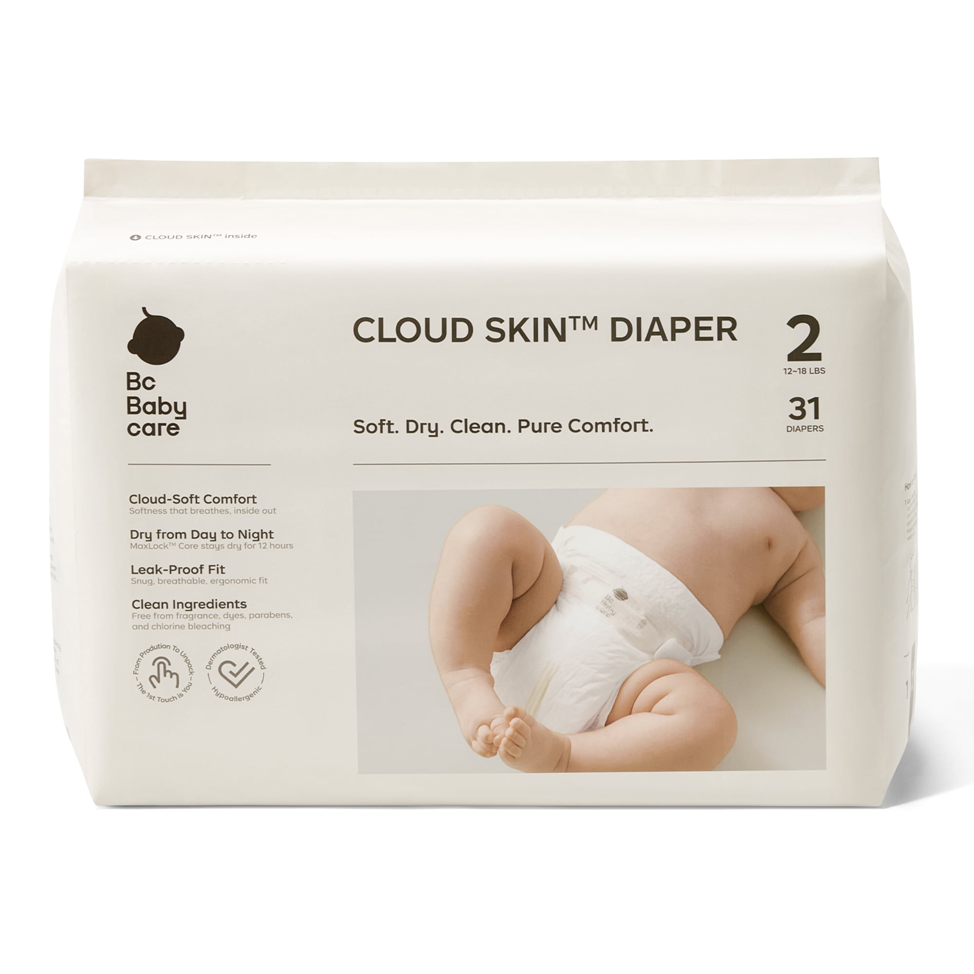 Bc Babycare Cloud Skin Disposable Baby Diapers, Ultra Soft, Hypoallergenic, 12-Hour Leak Protection and Dry, Size 2(12-18 lbs), 31 ct