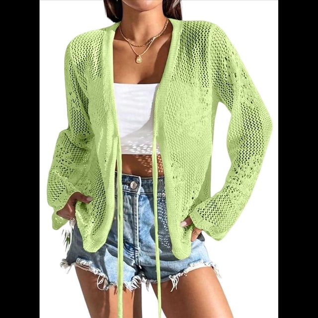 Cárdigan Informal de Playa para Mujer, de Larga, con Aberturas y Lazo Frontal de Crochet. Verde L