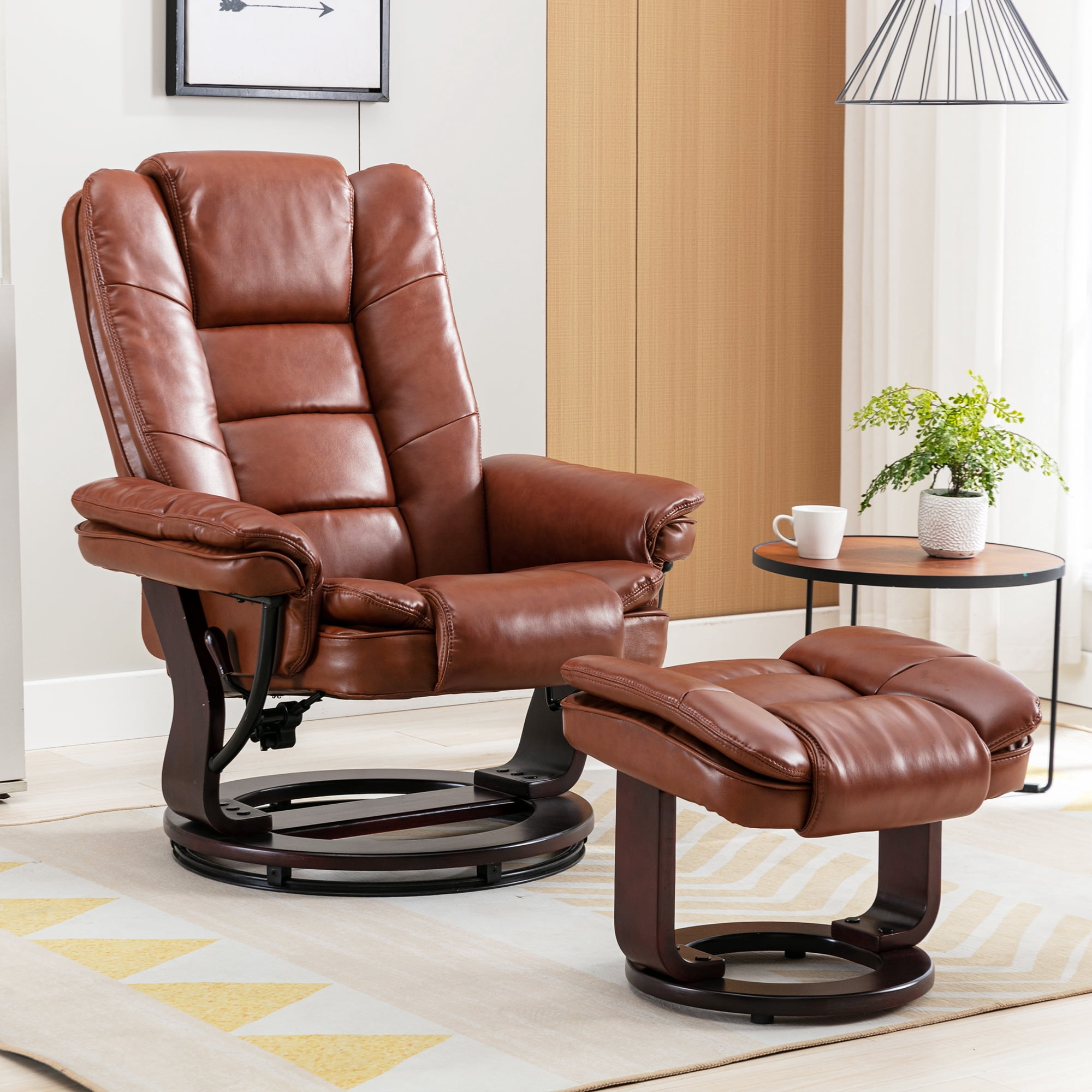 32'' Wide Manual Swivel Standard Recliner with Ottoman,Faux Leather,Brown