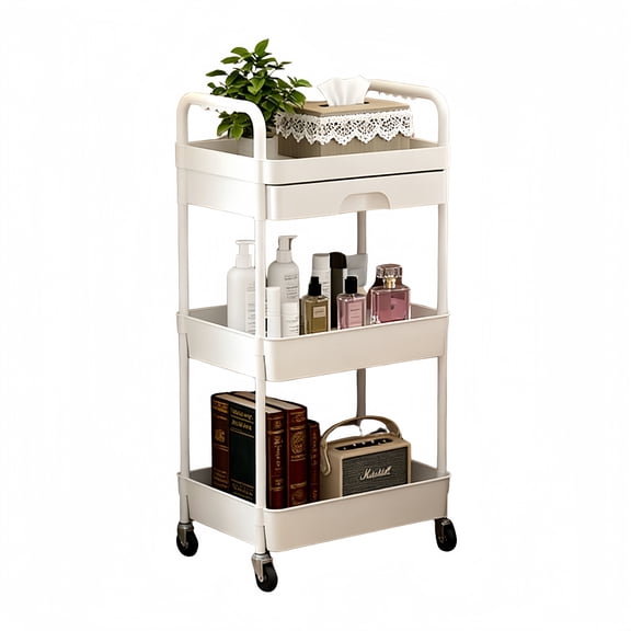 calopet 3-Tier Rolling Cart with Drawer, Utility Storage Cart with 2 Lockable Wheels, for Bathrooms, Kitchens and Bedrooms, White