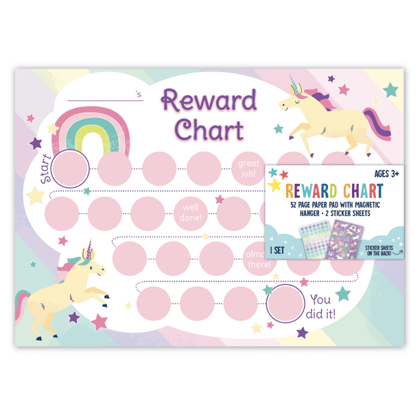 3Birds Design, Reward Chart, Unicorn Pattern, 52-Sheet Paper Planner Pad, with Magnetic Backer, and Stickers