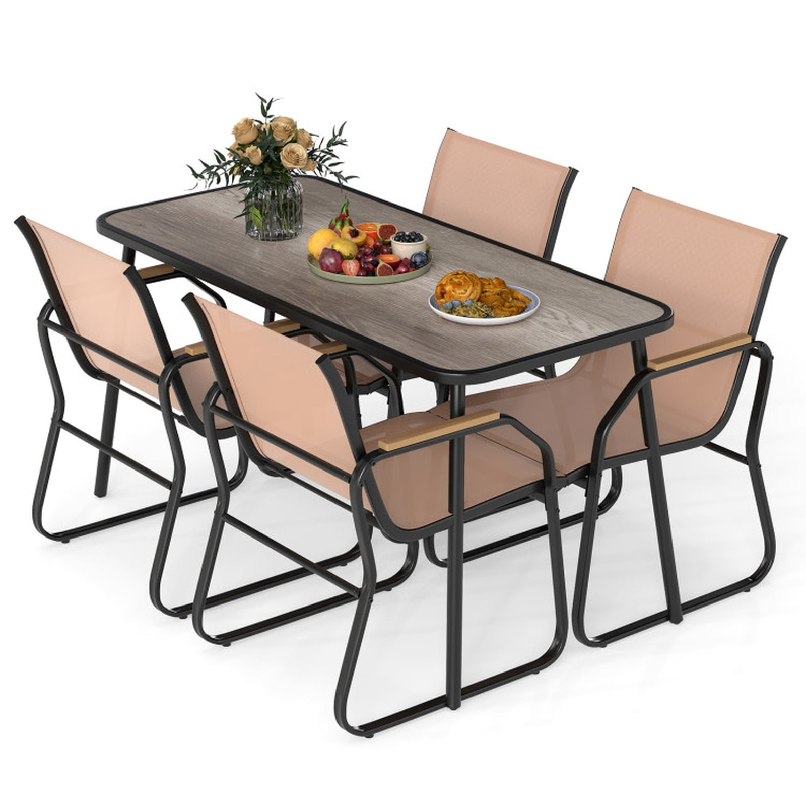 Furnibear 5 Pieces Patio Dining Set with 55 Inch Rectangular DPC Wood Grain Table 4 Breathable Fabric Sling Chairs and Reinforced Metal Frame for Backyard Garden Deck, Brown