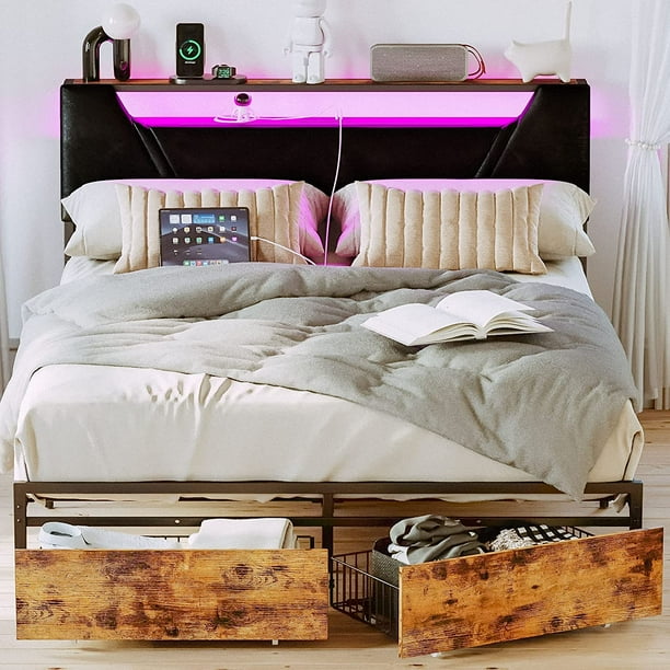 IRONCK Full Size Bed Frame with Drawers, Ergonomic Storage Headboard