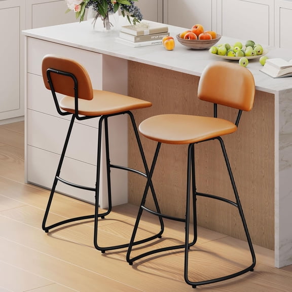 Barstools Set of 2, 30 Inch PU Leather Bar Height Bar Stools, Modern Barstools with Metal Legs and Footrest Bar Chair for Kitchen Island,Bwown