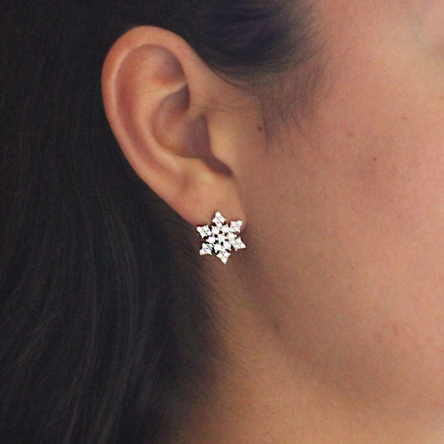 925 Sterling Silver Cubic Zirconia Snowflake Stud Earrings Post with Friction Back 13 mm