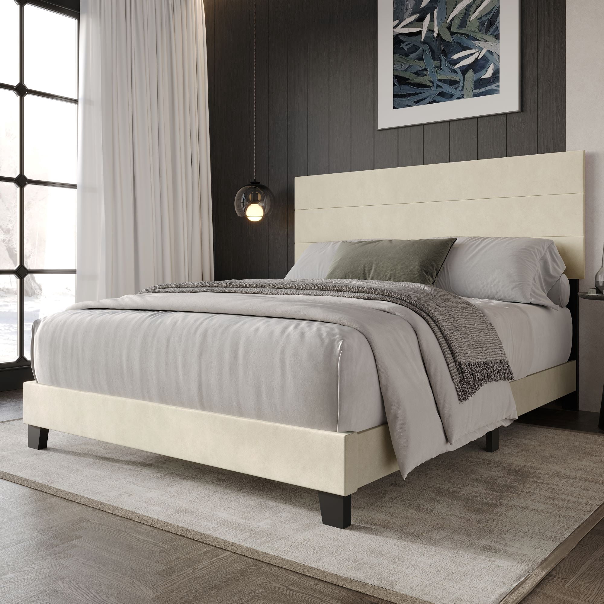 Home Design Vallejo Full Velvet Upholstered Panel Bed Frame For Adult, Box Spring Required, Beige