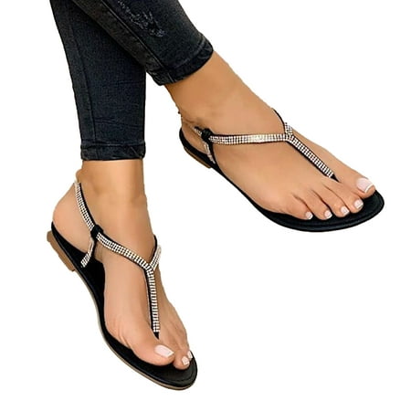 

Happyhome Flip Flops Sandals Rhinestone Toe Separator Women Strappy Flat Anti Skid Sandals for Beach