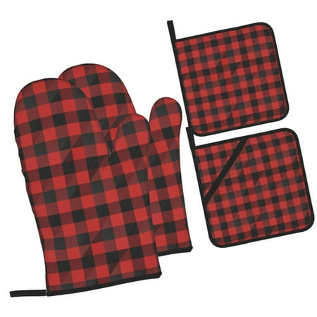 

Sikiie Red Black Plaid Oven Mitts and Pot Holders Silicone Oven Gloves Heat Resistant Oven Mitts 4Pcs Set