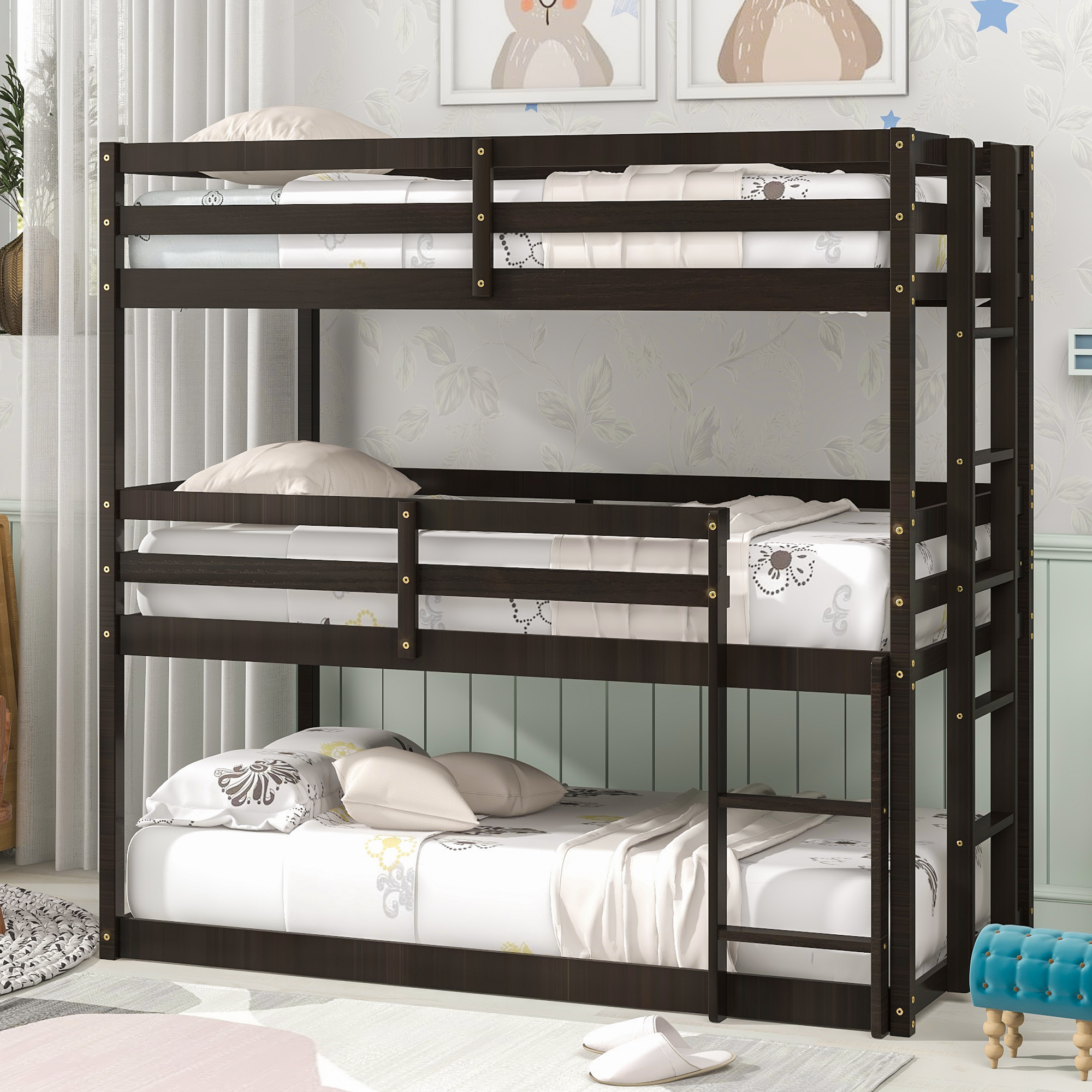 uhomepro Wooden Triple Floor Bunk Bed for Kids, Can be Converted Into