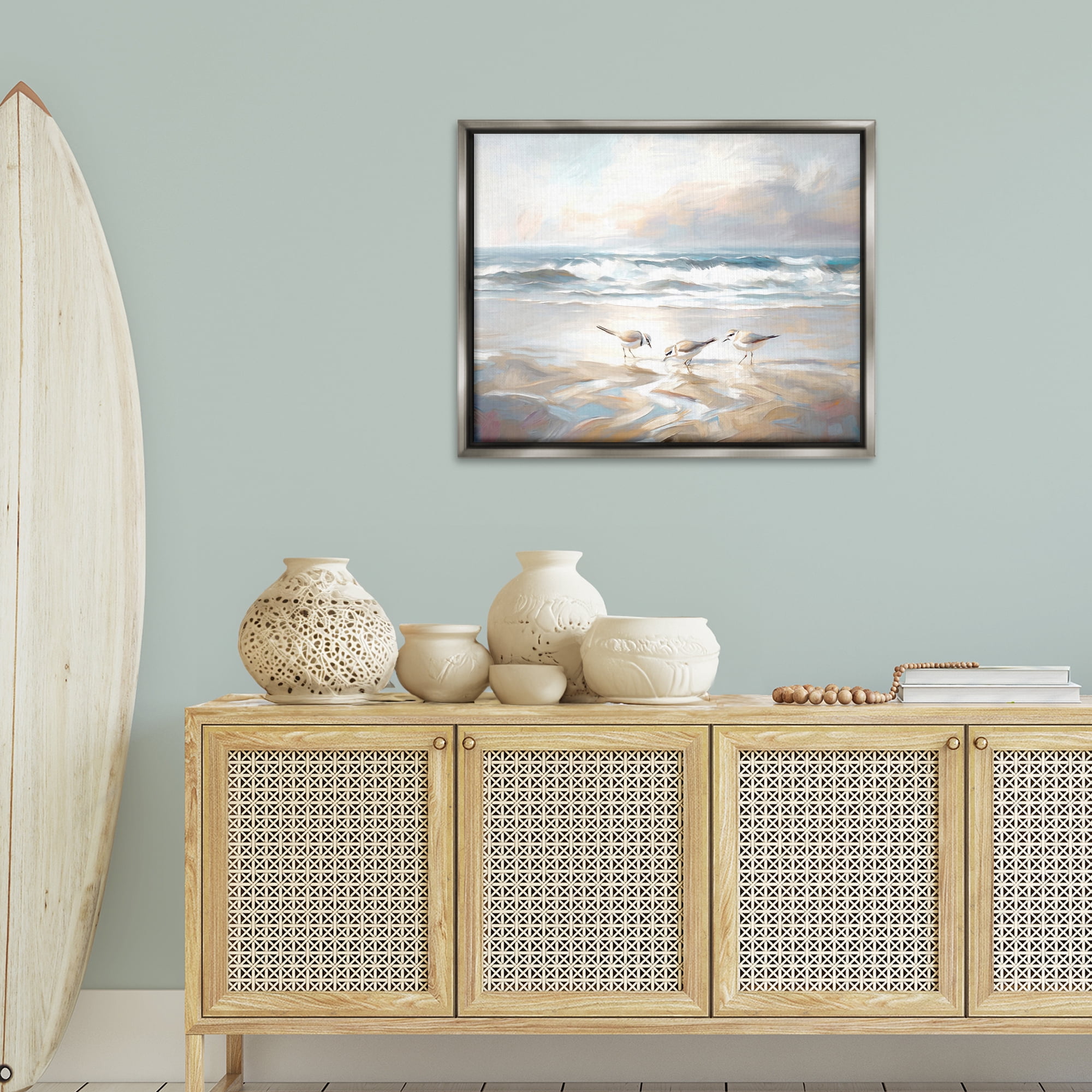 Stupell Industries Blue Haven Bay Coastal Painting Gray Floater Framed Canvas Art Print Wall Art, 31 x 25