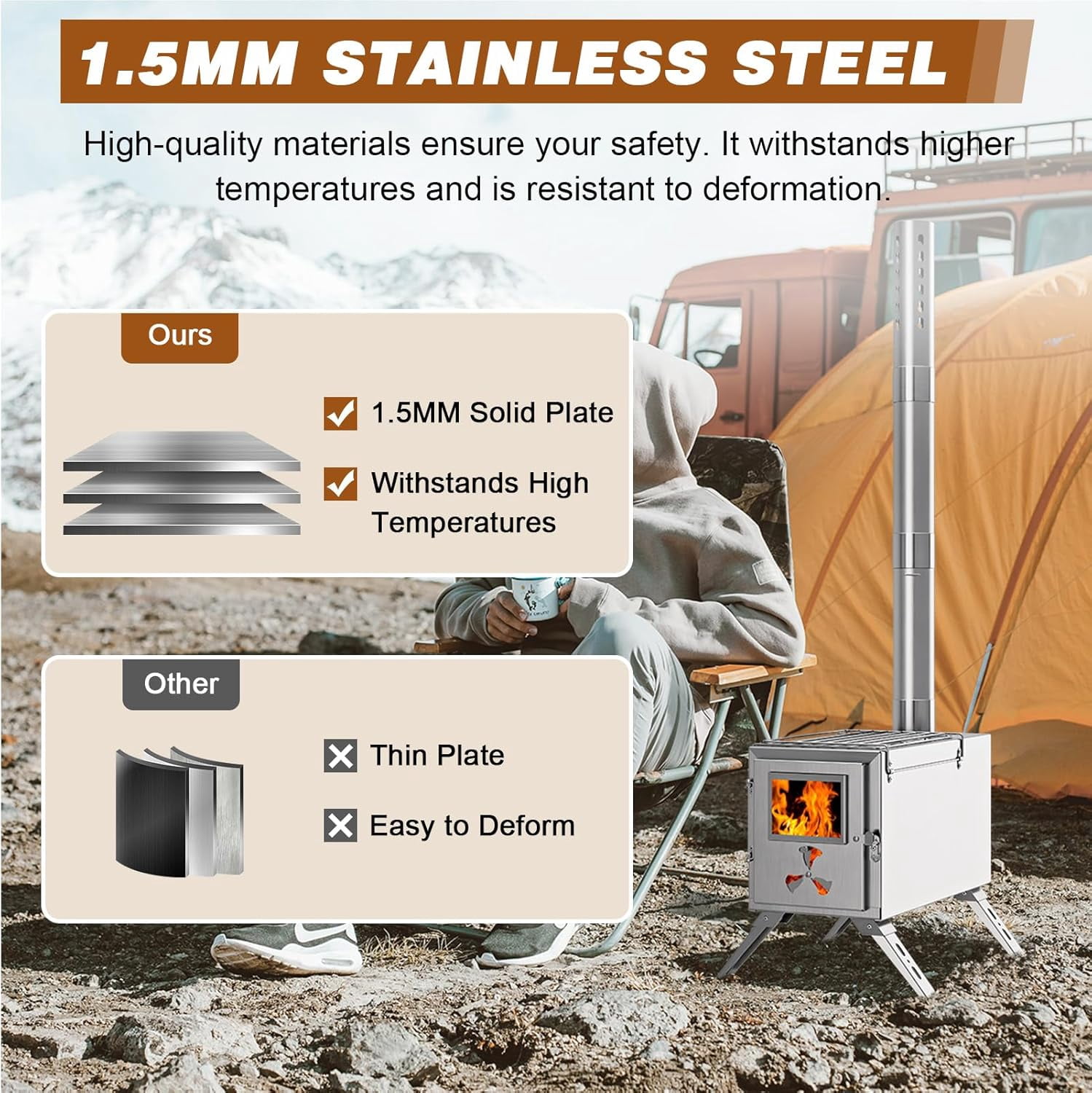 FICISOG Outdoor Wood Burning Stove Portable Camping Wood Stove Stainless Steel Camping Tent Stove with Chimney Pipes, Firebox Hot Camping Cooking Stove for Hiking Backpacking