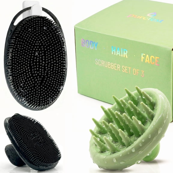 purefest 3-Piece Silicone Scrubber Set for Body, Hair, and Face - Exfoliating Shower Kit, Green/Black