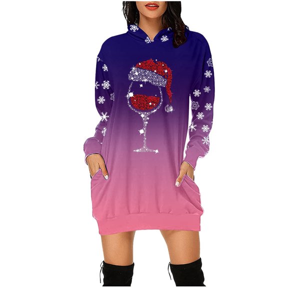 IROINNID Christmas Hooded Dress for Women with Pocket Graphic Print Thigh Length Xmas Party Dress,Purple